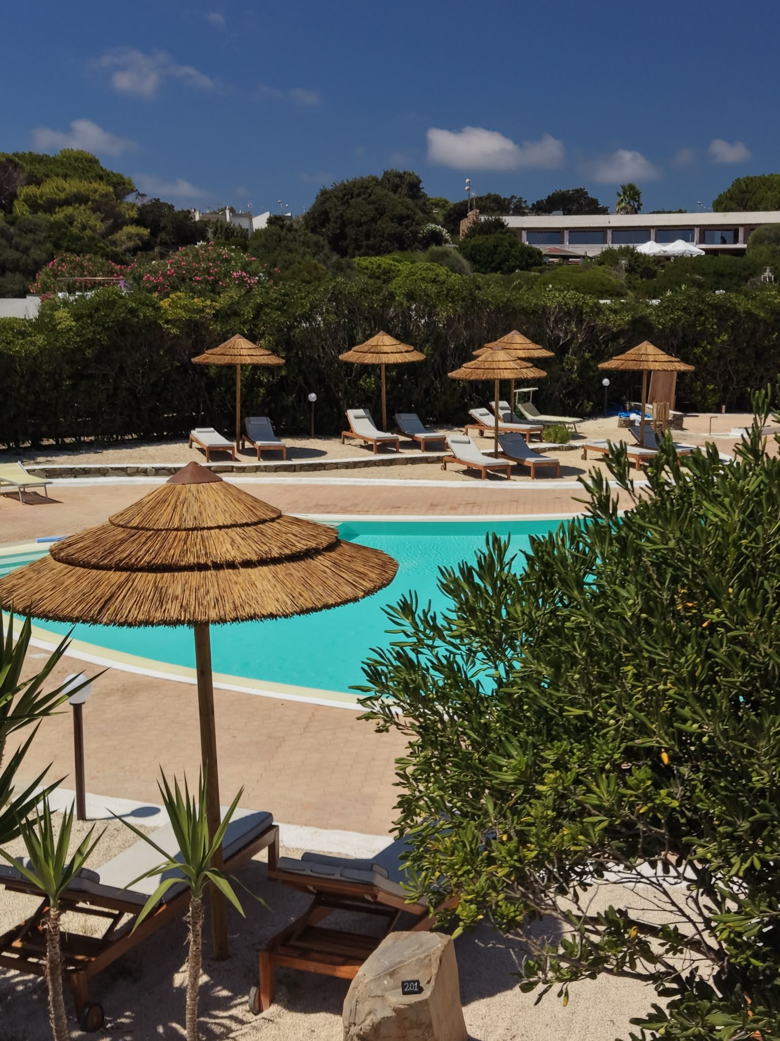 Straw umbrellas and Mediterranean garden around the pool